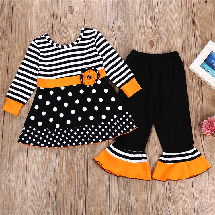 

Halloween Girl kids clothes Set Long-sleeved striped wavy dress tops + Lace bell trousers two piece sets Wholesale JY810, As picture