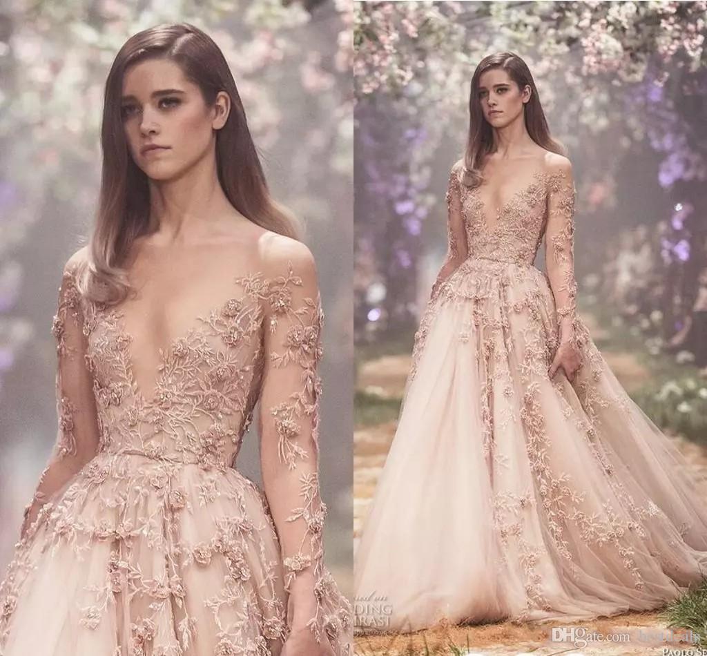 

Blush 3D Floral Long Sleeve Wedding Dresses 20120 Paolo Sebastian Lace Applique Princess Puffy Skirt Country Garden Wedding Gowns, White