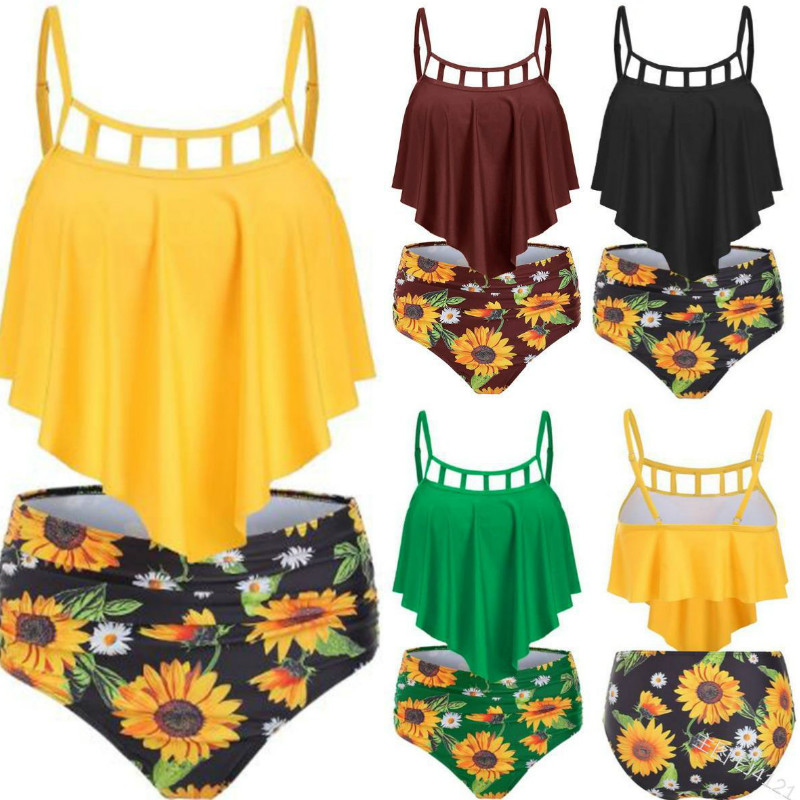 

Women Bikini Womens Trendy Swimsuits Girls Sunflower Print High Waist Bikinis Ladys Sexy Swimwear 2020 New Summer Styles Active New Clothes, Yellow