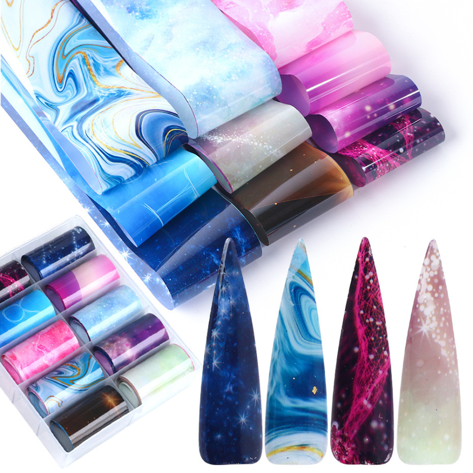 

10PCS Nail Foil Sticker Set Holographic Starry Sky Adhesive Wraps Transfer Paper Marble Shining Nail Art Decal Gel Slider, As picture
