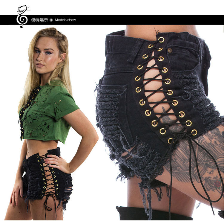 

2009 Explosive Sexy Mid-waist, European and American Personality Hole Jeans with Broad Legs and Slim Hot Pants, Black
