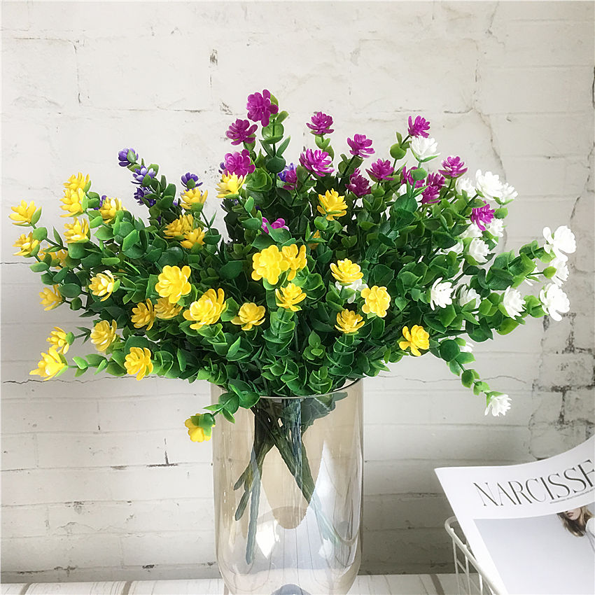 

21 Heads Plastic Lotus Flower plant with Eucalyptus Leaves Artificial Flowers For spring Home garden Decoration fake Plants