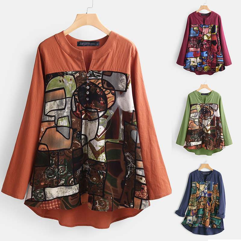 

2020 ZANZEA Women' Elegant V Neck Tunic Spring Blouse Casual Long Sleeve Blusa Female Printed Shirts Female Patchwork Tunic 5XL, Blue