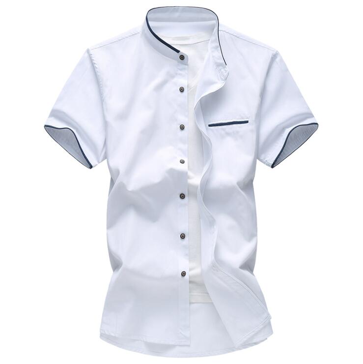 

20 summer new men's stand collar Oxford spinning solid color short sleeve shirt youth stand collar trend fashion casual shirt, As picture