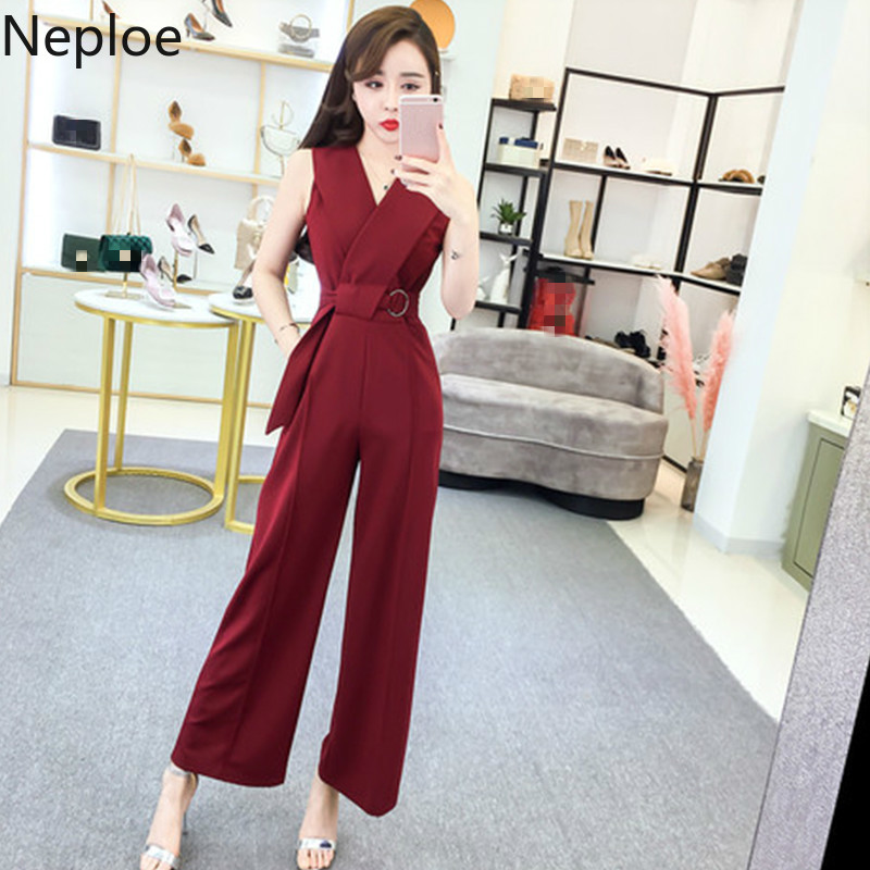 

Neploe Jumpsuits Women Fashion V Neck Sleeveless Office Lady Playsuits Elegant Sashes Slim Waist Wide Leg Bodysuit Femme 1B488, Khaki