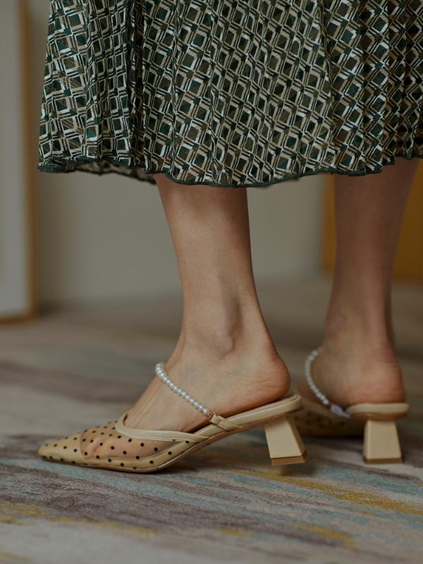 

Vintage Square Toe Women Lace Mule Shoes Pearl Chains Decor Summer Slippers 4cm Square Heels Women Sandals Mujer Mesh Chaussure, Black