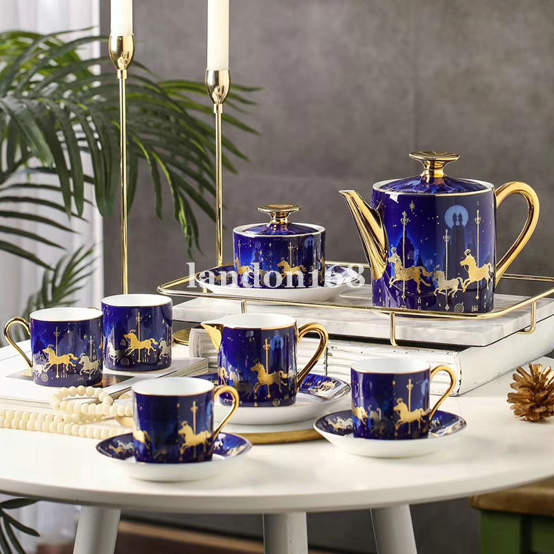 

Luxurious golden-rimmed Blue color Carousel coffee set Bone china cups and saucers Porcelain tea set 15 pcs Ceramic Tableware set Gift