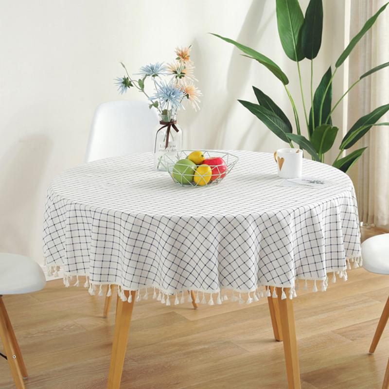 

Birthday Party Protective Cover Oilproof With Tassel Round Tablecloth Dustproof Hotel Restaurant Soft Home Decoration White Grid, 120cm