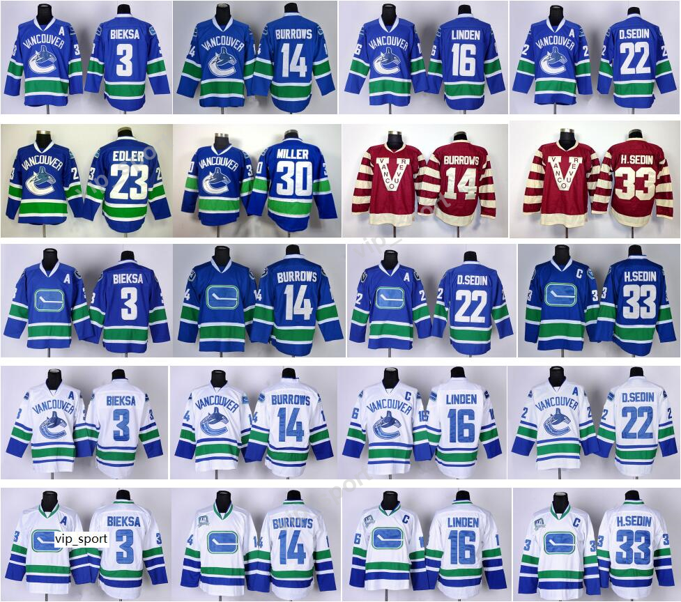 

Vancouver Canucks Hockey 33 Henrik Sedin Jersey 22 Daniel Sedin 14 Alex Burrows 3 Kevin Bieksa 30 Ryan Miller 16 Trevor Linden Edler, Blue