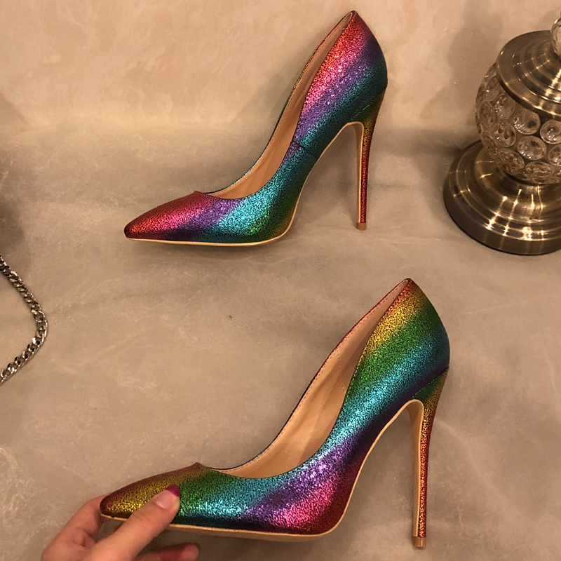 

free fashion women designer brand new rainbow patent leather point toe high heels pumps shoes stiletto 12cm 10cm 8cm bride wedding, Rainbow 10cm