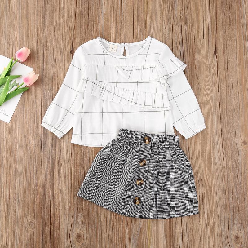 

2-7Years 2pcs Outfits set fall winter clothing for Toddler Kids Girls Clothes Plaid lantern Sleeve Tops+Button Skirts, As pic