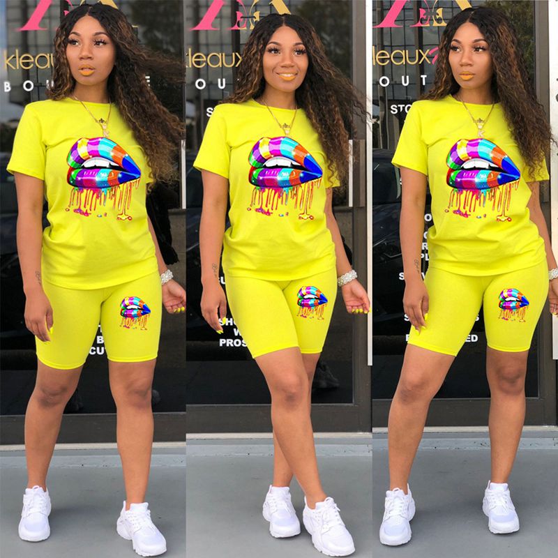 

Womens Suits Plus Size Two Piece Set Women Summer Tracksuit Lounge Wear Outfits Short Sleeve Lip Print Top+Biker Shorts Sweat Suits, Neon green