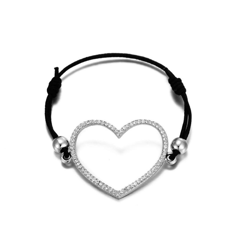 

Adjustable Size Handmade Women Elastic Bracelets Bangles Rose Gold Color Heart Lover Shape Charm With CZ Crystal Black Rope