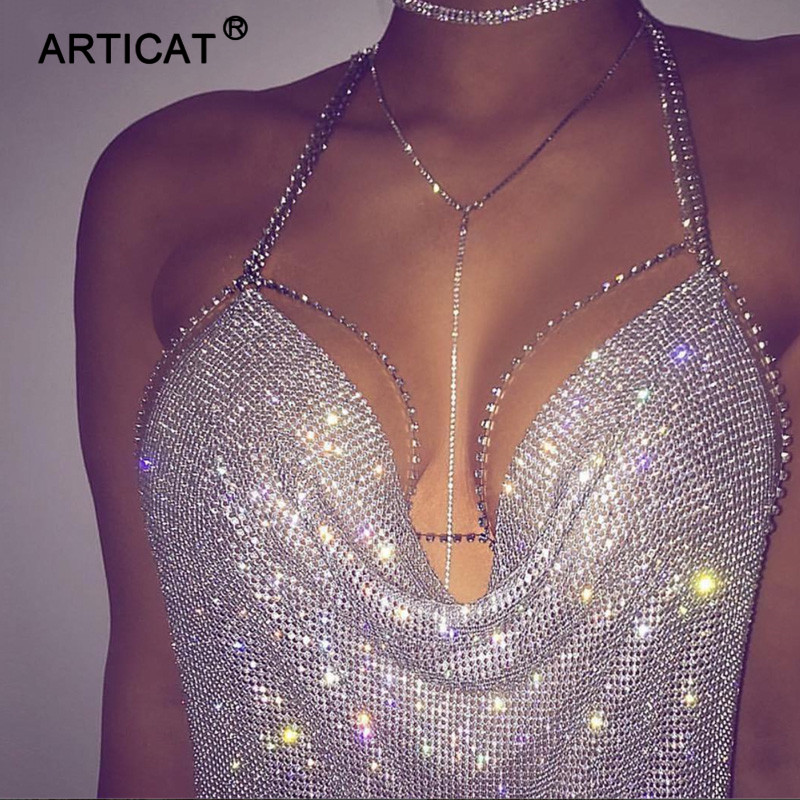 Sibybo Full Crystal Diamond Crop Tops Deep V Neck Backless Halter Tank Summer Beach Party Bralette Cropped Women Tank Tops