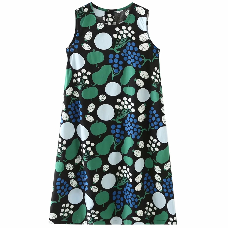 

New 2020 Women Fashion O Neck Sleeveless Fruit Printing Casual Loose Dress Female Elegant Vest Vestido Chic Party Dresses, 01