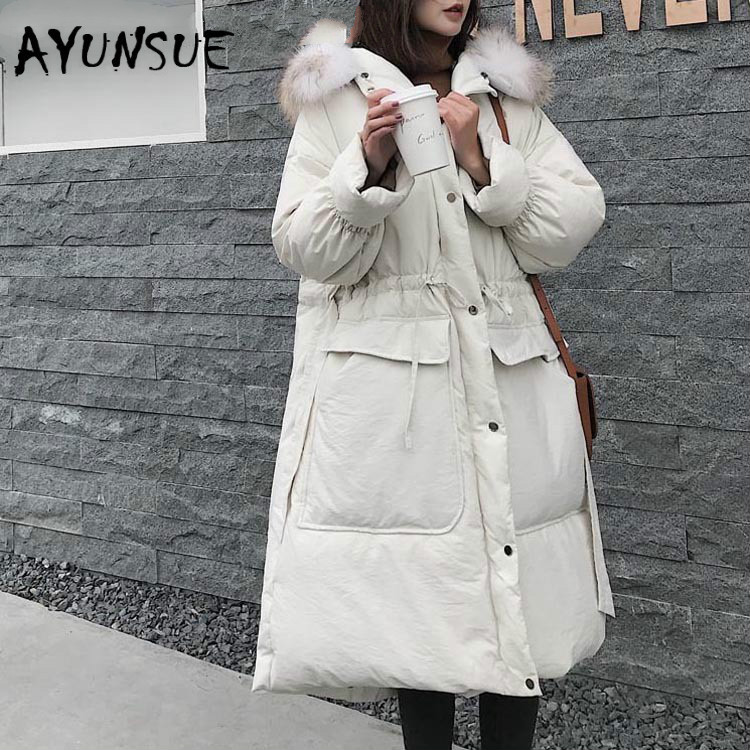 

AYUNSUE Winter Coat Women White Duck Down Jacket Women Big Fur Collar Down Coat Oversized Puffer Jacket Warm Parka Casaco YY1400, Beige