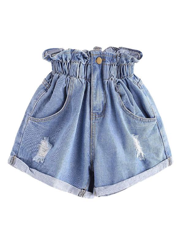 

High Waist Denim Shorts Flower Trousers Ladies Fashion Roll Up Hem Elastic Waist Pocket Blue Jeans Summer Casual Trousers Jeans
