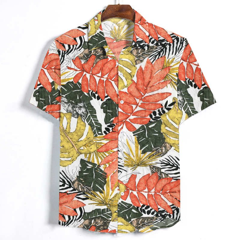 

Hawaiian Shirt Personality Leaf Print Short Sleeve Blouse Male Beach Style Casual Shirts Summer New Arrival White Green, White 1801-tw11-p20