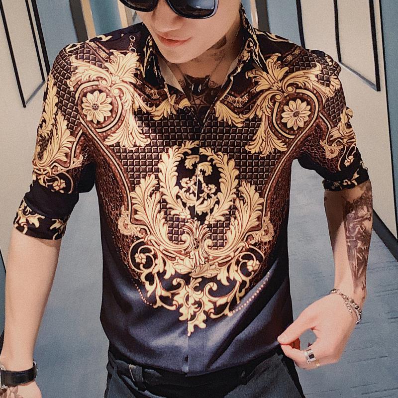 

Brand Fashion Print Slim Fit Prom Dress Shirts Mens Short Sleeve 2020 Summer Casual Social Shirts Tuxedo High Quality Men Shirt, Black