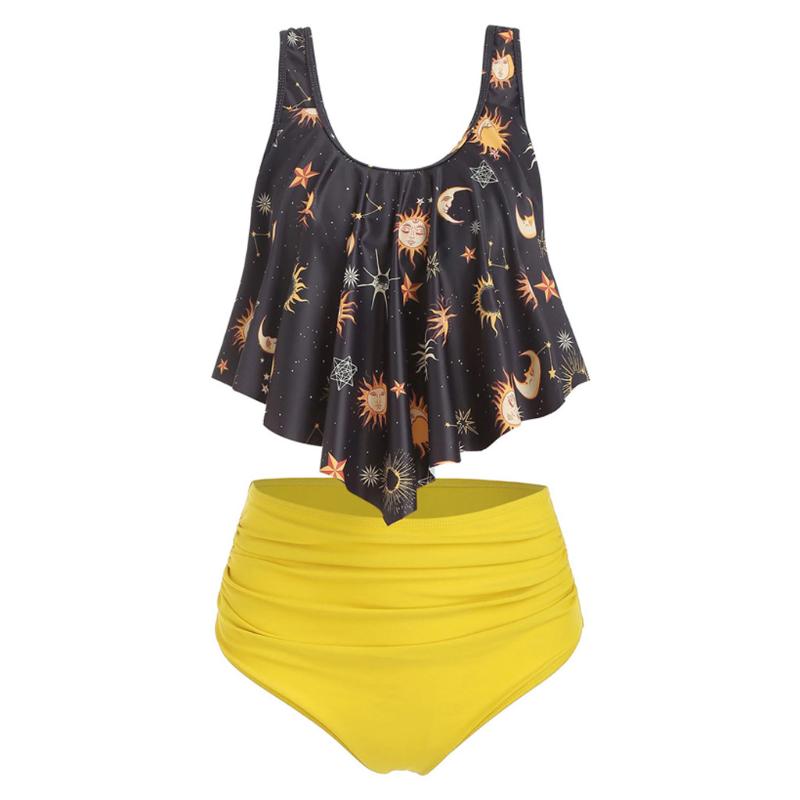 

bikinis 2020 mujer Women Sun Stars Moon Flounce Runched Tankini Swimsuit High Waisted Bikini Set women's swimming suit biquinis