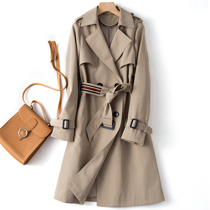 

Spring Autumn England style Trench coat Women Fashion Classic Double Breasted Long Trench coat Female Casual Business Outerwear, Khaki