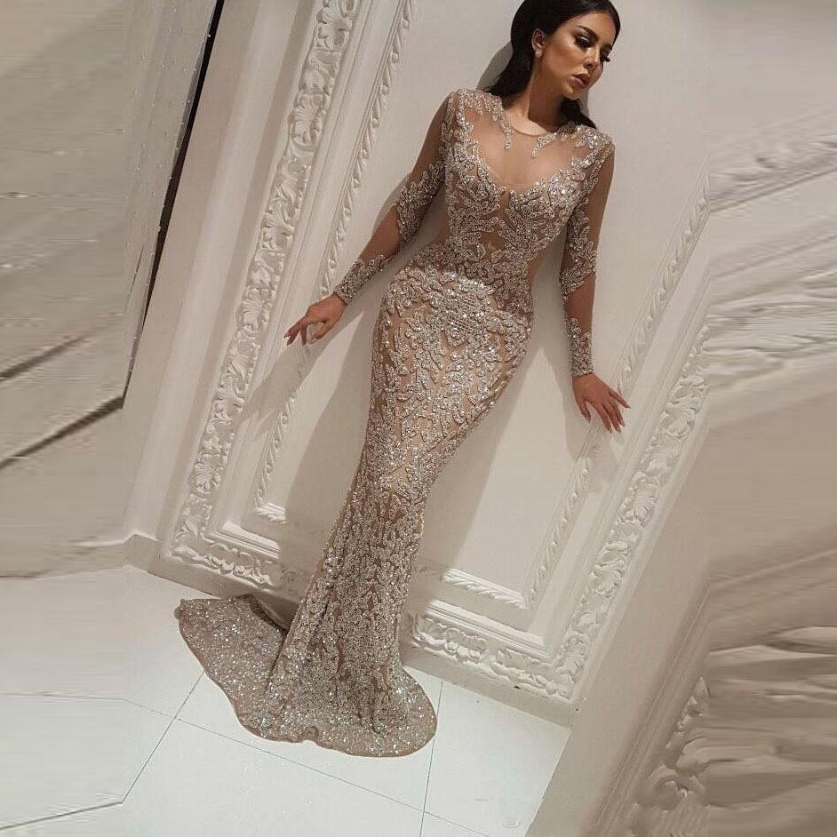 

Luxury African Mermaid Evening Dresses With Sheer Neckline Illusion Long Sleeves Prom Dress Appliques Sequined Celebrity Pageant Gowns, Coral