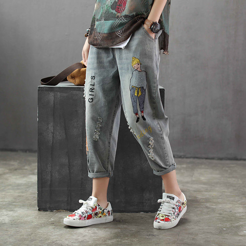 

Korea Fashion Spring Women Jeans Cartoon Embroidery Loose Denim Harem Pants Elastic Waist Vintage Hole Calf-length Pants, Picture color