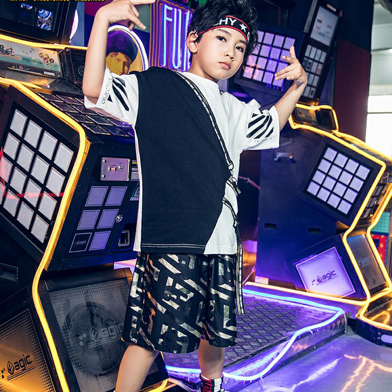 

2019 New Summer Children'S Jazz Dance Costume Boys Hip Hop Street Dance Clothes Loose Cheerleading Costumes Stage Wear DWY1877, Only tops
