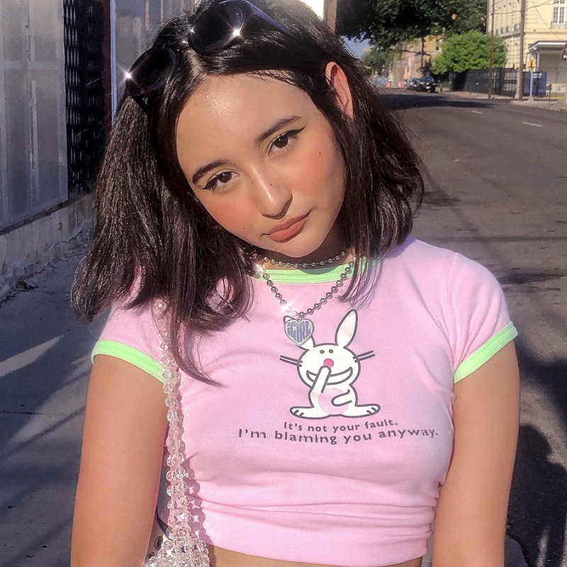 

Summer new Kawaii cartoon printed cotton T-shirt women short-sleeved pink stitching crop top T-shirt Harajuku