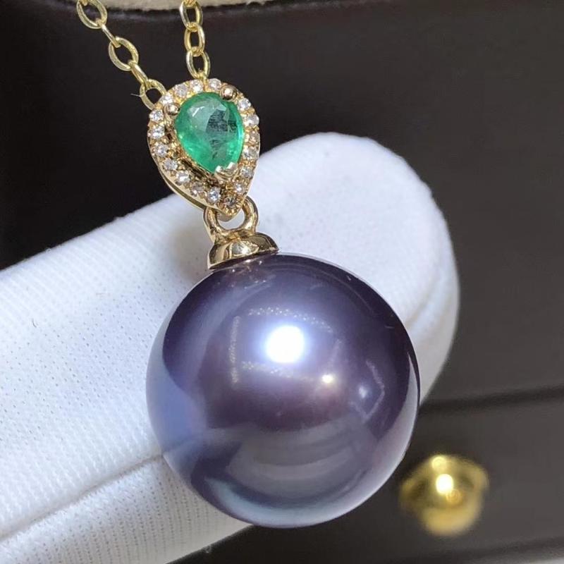 

D417 Pearl Pendant Fine Jewelry Solid 18K Gold Diamonds Natural 11-12mm Round Fresh Water Purple Pearls Pendants Necklaces