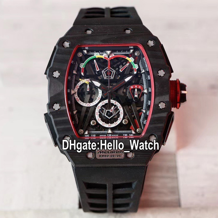 

New RM50-03/01 McLaren F1 Skeleton Dial Miyota Quartz Chronograph Mens Watch Stopwatch RM50-03 Carbon Fiber Case Rubber Watches Hello_Watch, Extra strap