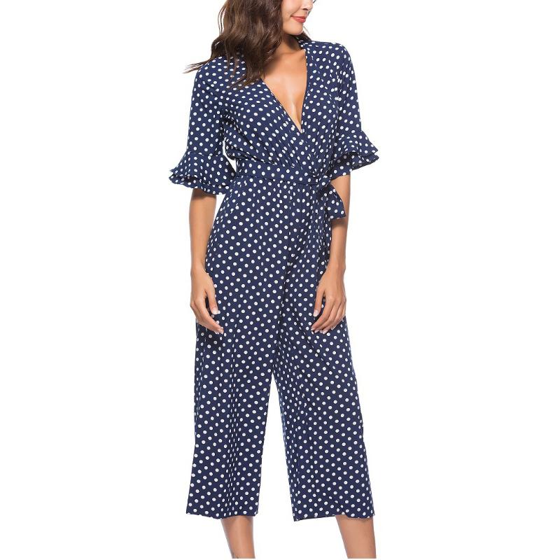 

Autumn Polka Dot Print Jumpsuit Women Casual V-neck Half Sleeve Ruffles Jumpsuit With Belt Overall Wide Leg Pants, Black