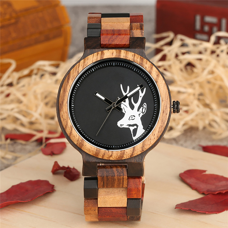 

Luxury Handmade Elk Deer Dial Natural Wood Mens Quartz Wrist Watch Gift Analog Display Colorful Full Wooden Bracelet Strap Band, Multi-color