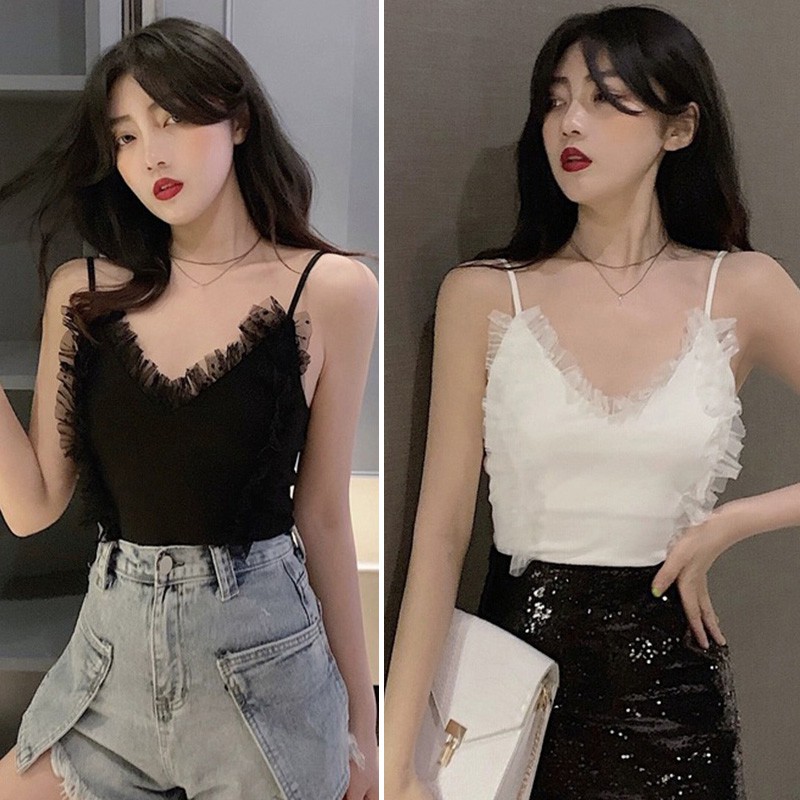 

Women Fashion Patchwork Lace Camisole Sexy V-Neck Sleeveless Ruffle Stitching Slim Tank Top, Black