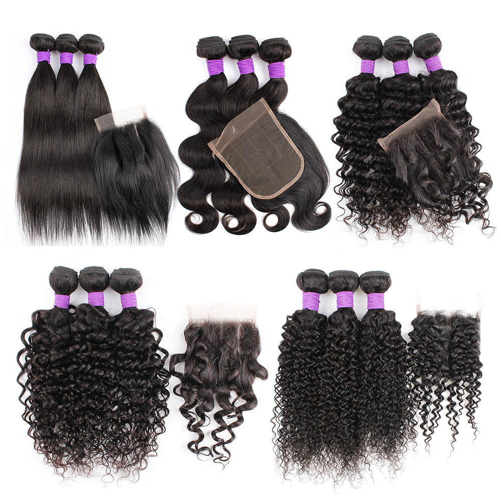 KISSHAIR remy Brazilian human hair extension 3 bundles with closure 200g set straight body jerry curly hair weft 4x4 lace closures
