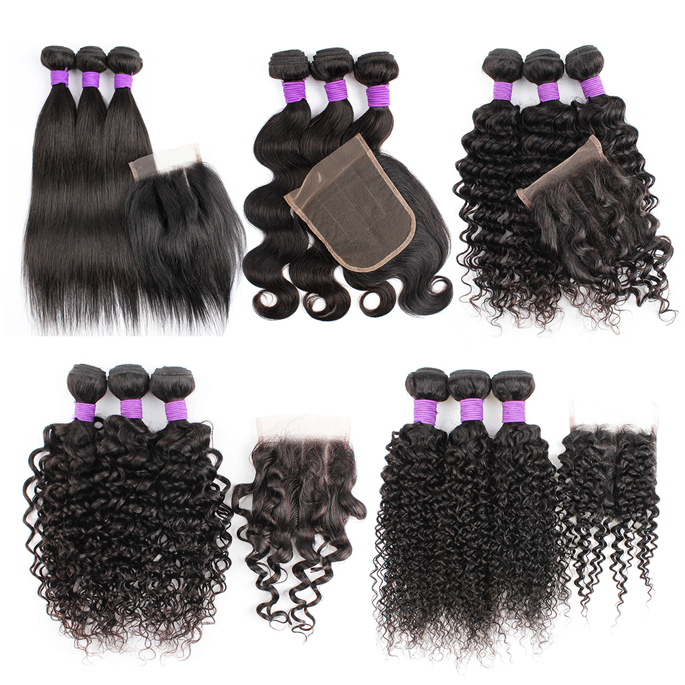 

KISSHAIR remy Brazilian human hair extension 3 bundles with closure 200g set straight body jerry curly hair weft 4x4 lace closures, Body wave