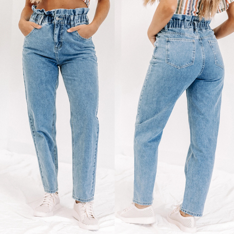 

WEPBEL Women Jeans Ankle Length Button Pockets Washed Denim Pants Trousers Casual Straight-Leg Pants Elastic Waist Women' Jeans, Blue
