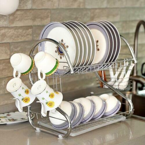 

New Multifunctional Dual Layers Bowls & Dishes & Chopsticks & Spoons Collection Shelf Dish Drainer Stainless Steel Kitchen Storage Silver