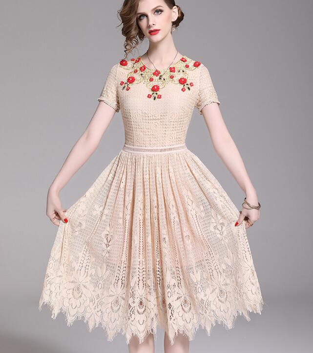 

Red Flora beige lace women mini dress summer seaside holiday skirt street style dresses knee-Length short sleeve
