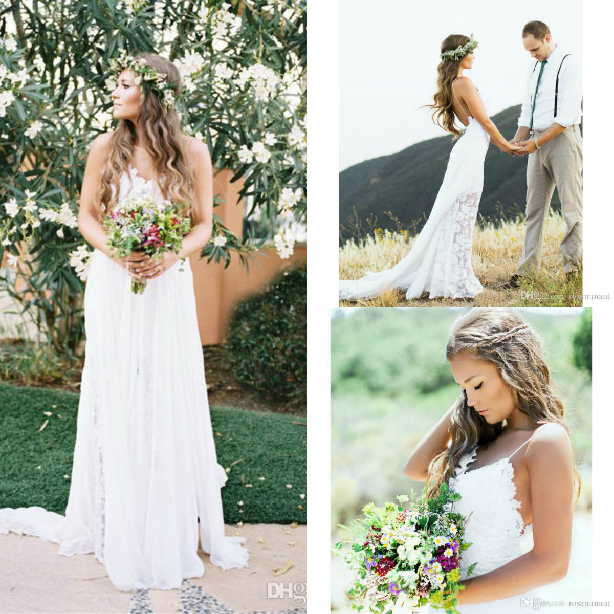 

2019 Country Boho Wedding Dresses Spaghetti Chiffon Skirt Lace Appliqued Beach Bridal Dresses Custom Made Backless Wedding Gowns, Silver