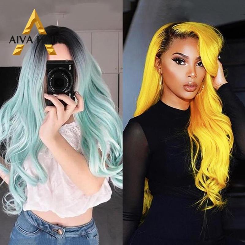 

Aiva Hair Heat Resistant Synthetic Lace Front Wig Glueless Wavy Cosplay Mint Green Yellow Wig Long Ombre Wigs For Black Women, Ombre mint green
