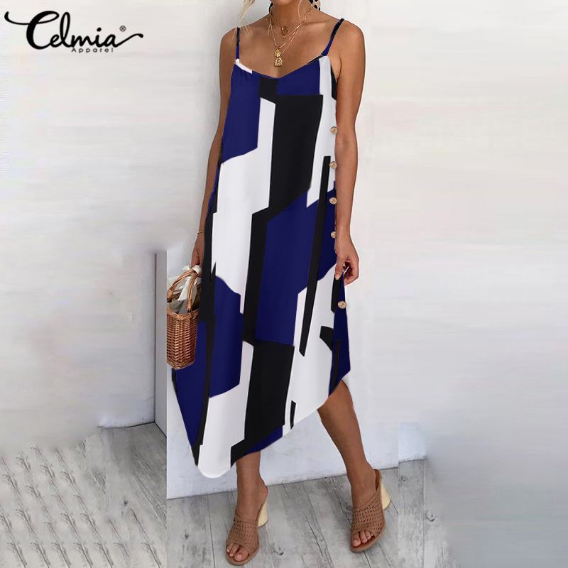 

Summer Suspender Midi Dress Celmia Womens Sexy Asymmetrical Printed Sundress Casual Loose Buttons Beach Bohemian Female Vestidos, Pink
