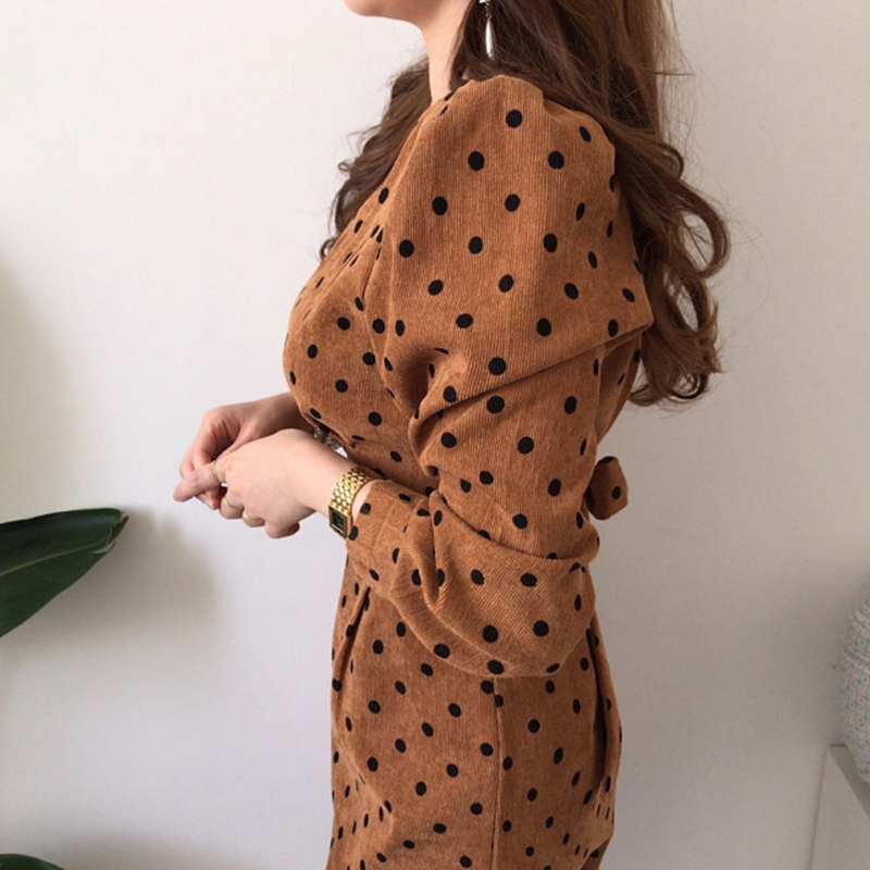 

February Brand Designer French Style Women Casual Polka Dot Print A-Line Party Corduroy Dresses Eleagnt Lace-up Slim Dress Fashion, White