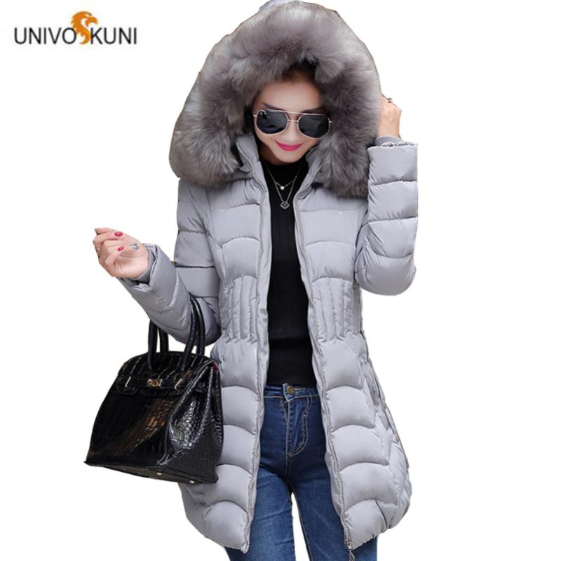 

UNIVOS KUNI 2019 Woman' Thick Coat Padded Fashion Brand Wild Soild Color Long Fur Hooded Warm Slim Fit Big Size 4XL J612, Gray