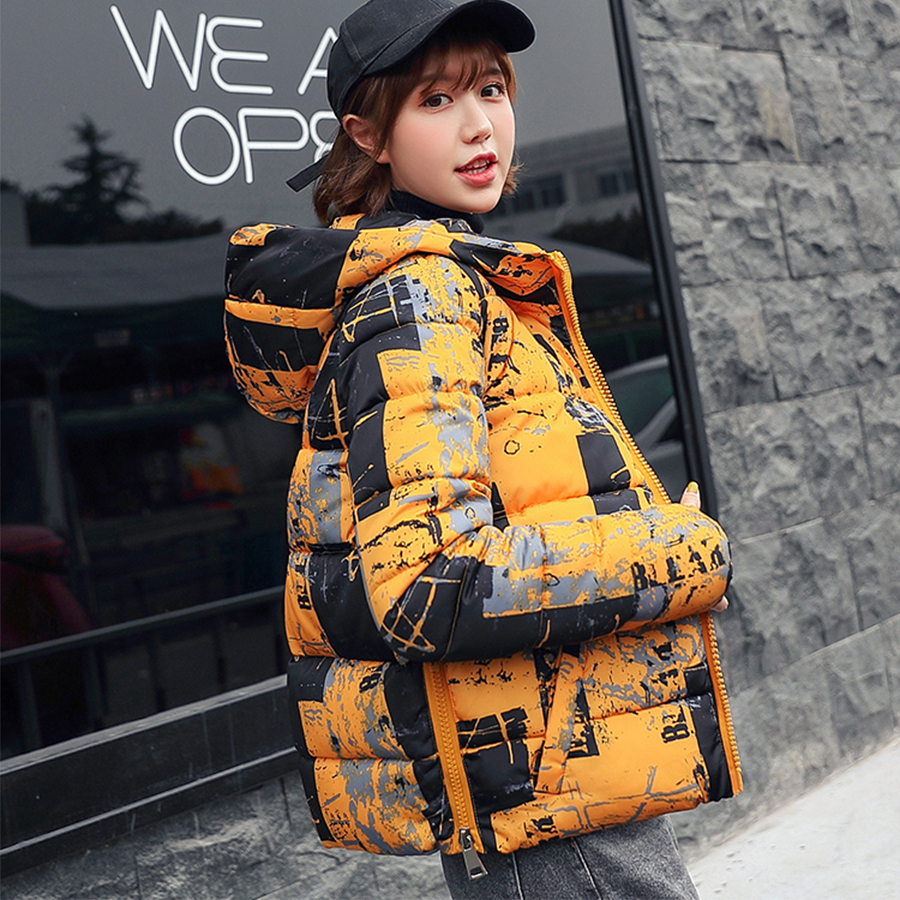 

Vintage Print Short hooded Down Jackets Women Winter Casual Loose Thick Down Coat Female Korean Windproof Cotton Coats, Black