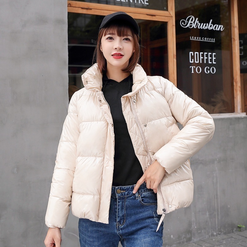 

2019 Beige Jacket Women Winter Fashion Warm Thick Solid Short Style Cotton Padded Parkas Jackets Stand Collar XL XXL