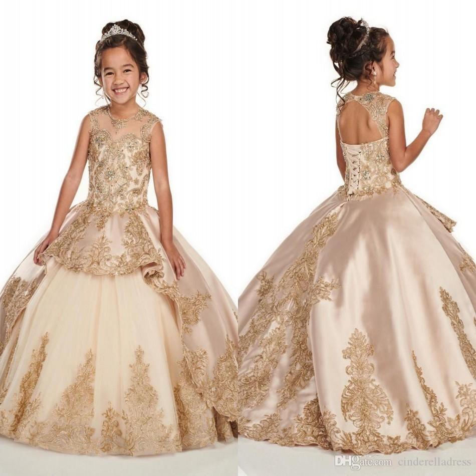 

Gold Applique Lace Champagne Girls Pageant Dresses 2020 Cap Sleeve Jewel Beaded Crystal First Communion Flower Girls Dress BC2500, Burgundy