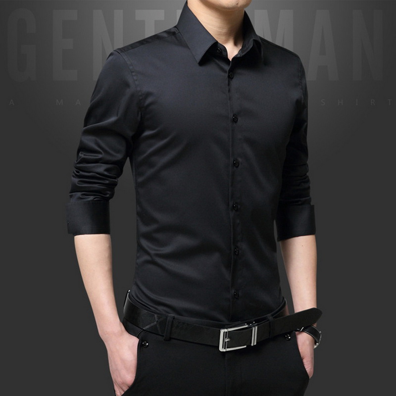 

Spring long sleeve turndown collar men shirts Korean style slim fit solid business shirt tops male white Button shirts, Black short