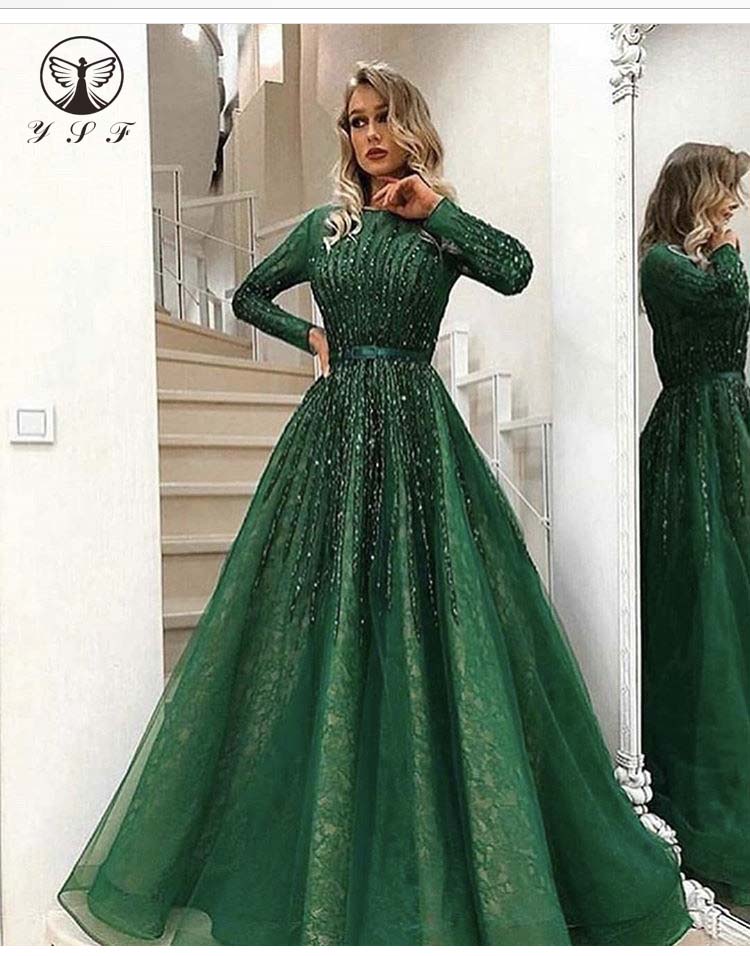 

Modern Vestidos De Fiesta Boat Neck Beaded Stones Long Sleeve Lace Evening Dresses, Beige