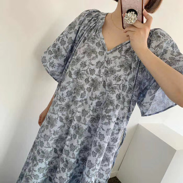 

2020 Spring Summer Women Boho Long sleeve Maxi Long dress Lantern sleeve Oversized Linen holidays dress Female Vestido, Blue